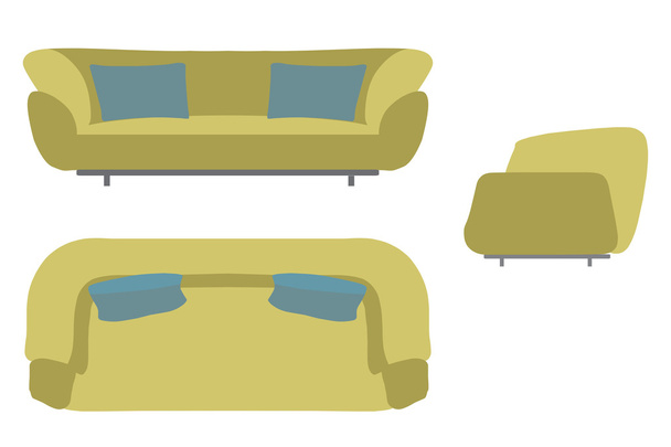 Набор диванов. Мебель для интерьера. Плоская векторная иллюстрация. Верхний, передний и боковой виды Mustard Blue Color
 - Вектор,изображение