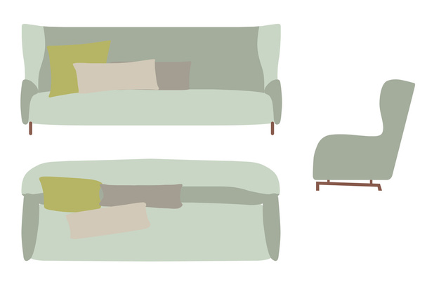 Набор диванов. Мебель для интерьера. Плоская векторная иллюстрация. Сверху, спереди и сбоку. Серый голубой цвет
 - Вектор,изображение