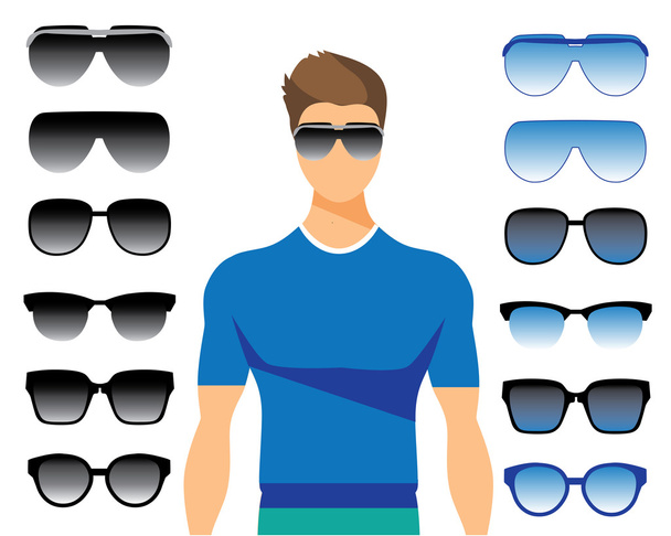 Διάνυσμα σύνολο διαφορετικά γυαλιά σε άσπρο φόντο. Κομψό άνδρες σε Sunglasses.Retro, παλιάς χρονολογίας οδοιπόρος, αεροπόρος, geek, hipster καρέ. Ο άνθρωπος γυαλιών ηλίου και σκιαγραφίες. - Διάνυσμα, εικόνα