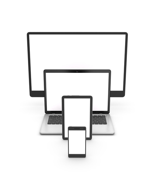 PC, älypuhelin, kannettava tietokone ja tabletti eristetty valkoisella. 3d renderiini
 - Valokuva, kuva