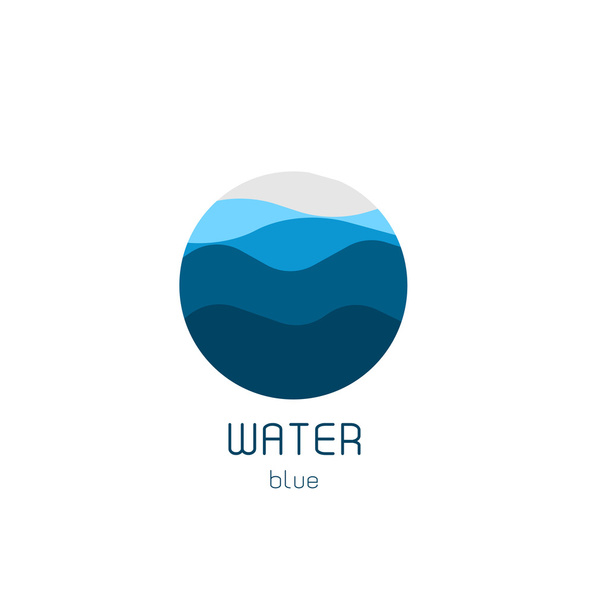 Odizolowane logo okrągłego kształtu. Niebieski logotyp. Obraz przepływającej wody. Morze, ocean, powierzchnia rzeki. - Wektor, obraz