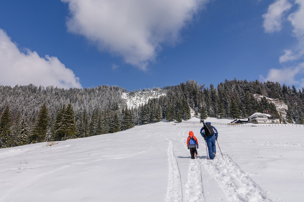 Photo de famille sur scène de montagne d'hiver. Père et fils sur la montagne
 - Photo, image