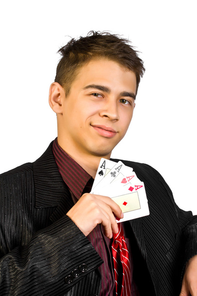 Young lucky gambler with cards - Φωτογραφία, εικόνα