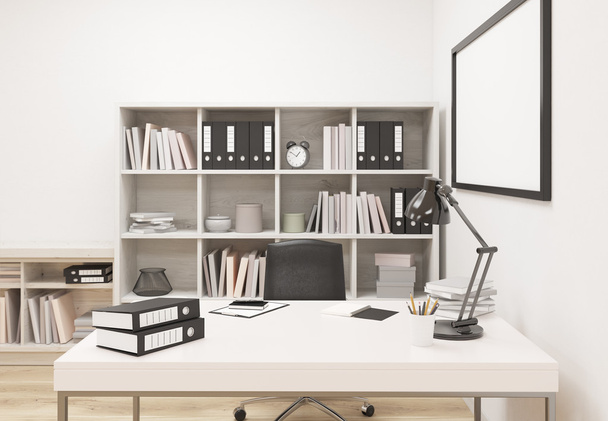 Creative modern office interior with workplace, bookshelf and blank picture frame. Mock up, 3D Rendering - Foto, Imagem