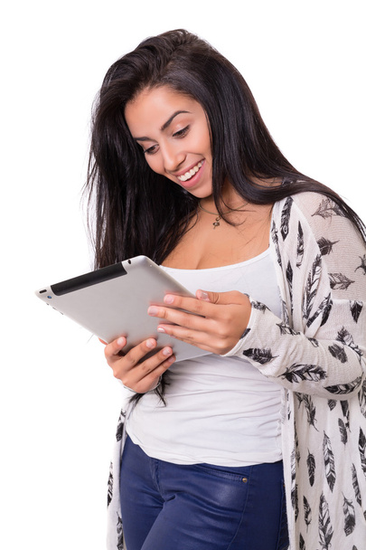 Kadın bir dijital tablet ile rahatlatıcı - Fotoğraf, Görsel