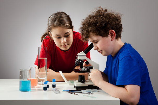Kids examining preparation under the microscope - Foto, afbeelding