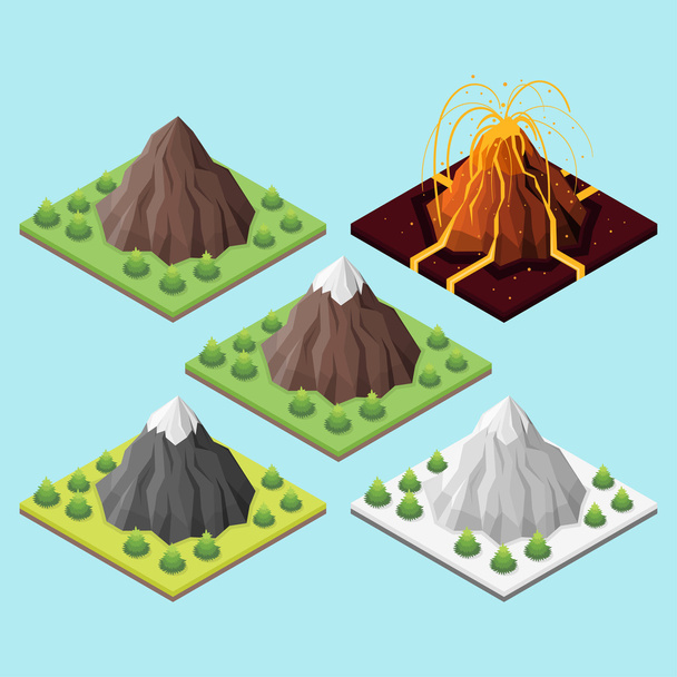 Isométrico 3d conjunto de montanhas e vulcões
. - Vetor, Imagem