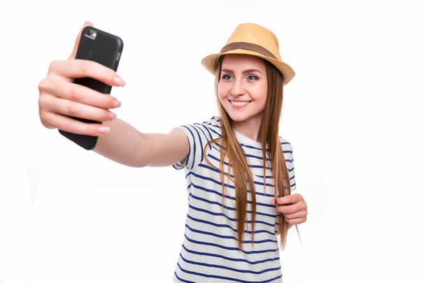 Selfie、美しい女の子彼女自身の写真を撮影,  - 写真・画像