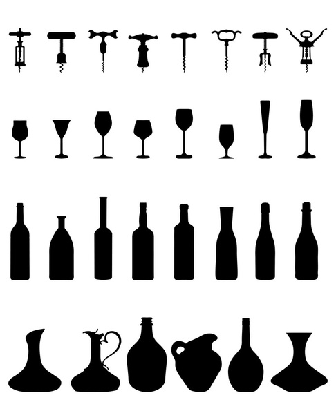 flessen, glazen en kurkentrekker - Vector, afbeelding