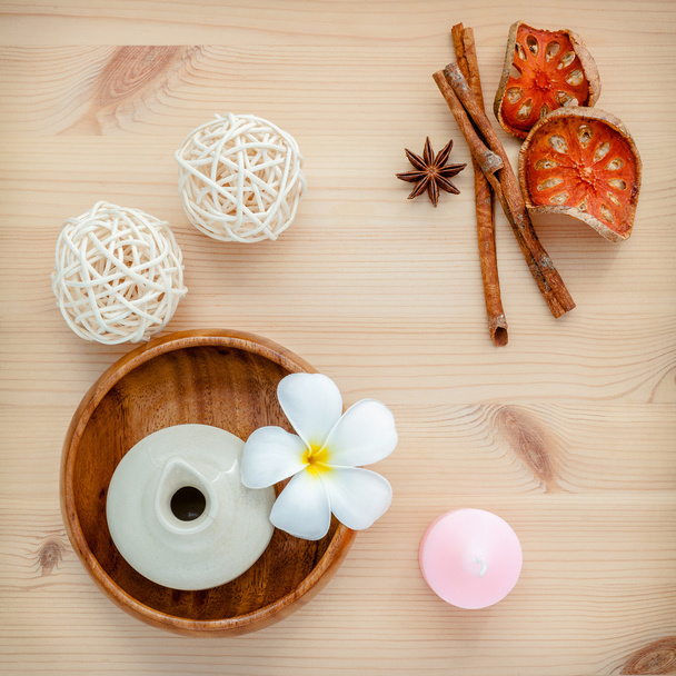 Frangipani tropical flowers with herbal spa products . Plumeria  - Photo, Image