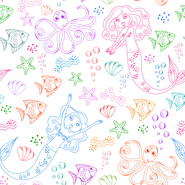 Varrat nélküli mintázatot sellők és más tengeri élőlények doodles - Vektor, kép
