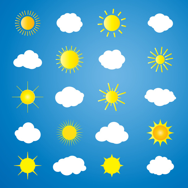 Muster der Sonne und Wolken Elemente auf blauem Hintergrund. für Kunst, Print, Webdesign. Vektorillustration - Vektor, Bild