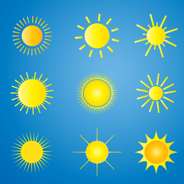 Mavi arka plan üzerinde güneş öğeleri kümesi. Sanat, baskı, web tasarım için güneş simgeler. Güneş illüstrasyon vektör - Vektör, Görsel