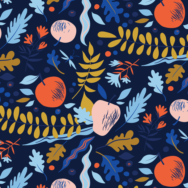 Autumn pattern with leaves, berries, flowers and apples. Good for package for juice, cosmetics or menu design - Vetor, Imagem