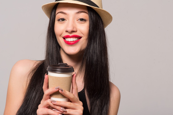 Delighted smiling woman drinking coffee - Φωτογραφία, εικόνα