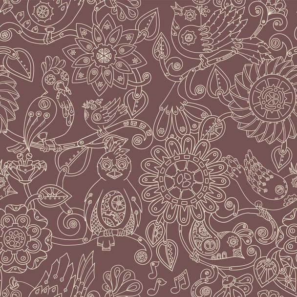 Doodle seamless background with steampunk birds and flowers. Vector ethnic pattern can be used for wallpaper, pattern fills, invitations, book cover, web pages. Hand drawn pattern. - Vektori, kuva