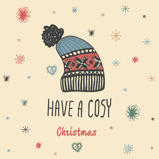 Christmas vintage card with with hand drawn knitted winter hat and text 'Have a Cosy Christmas' - Vector, afbeelding