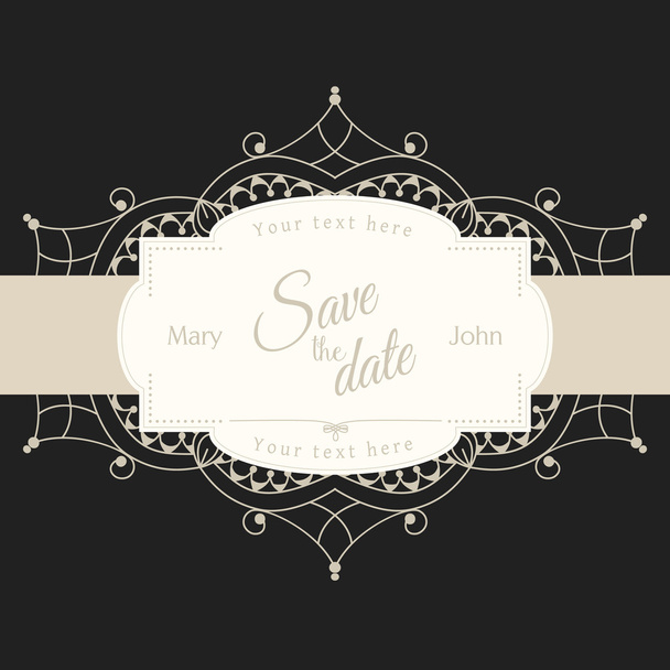 Wedding invitation card with white lace motive on black background, illustration - Vector, Imagen