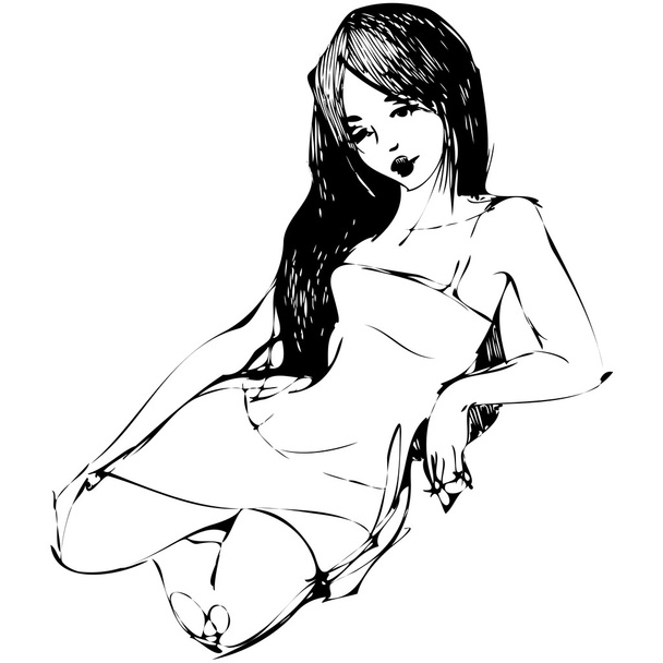 náčrtek, který sedí krásná dívka s dlouhými vlasy - Vektor, obrázek