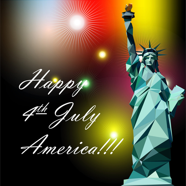 Cuatro de julio tarjeta de día de la independencia, con estatua de la libertad y fuegos artificiales. Imagen vectorial digital
 - Vector, Imagen