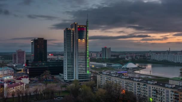belarus sunrise city center roof top river bay panorama 4k time lapse minsk - Metraje, vídeo