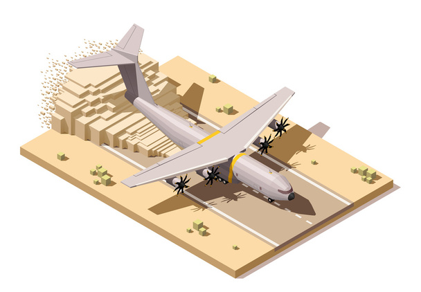 Vector isometric low poly desert airstrip with humanitarian or military cargo airplane landing on dusty runway - Vector, Image