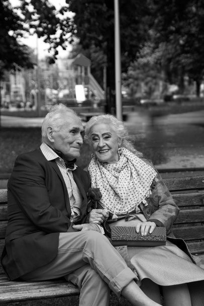 Yaşlı çift bir bankta konuşuyor. Siyah ve beyaz. - Fotoğraf, Görsel