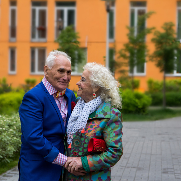 gut gekleidetes älteres Paar spricht draußen. - Foto, Bild