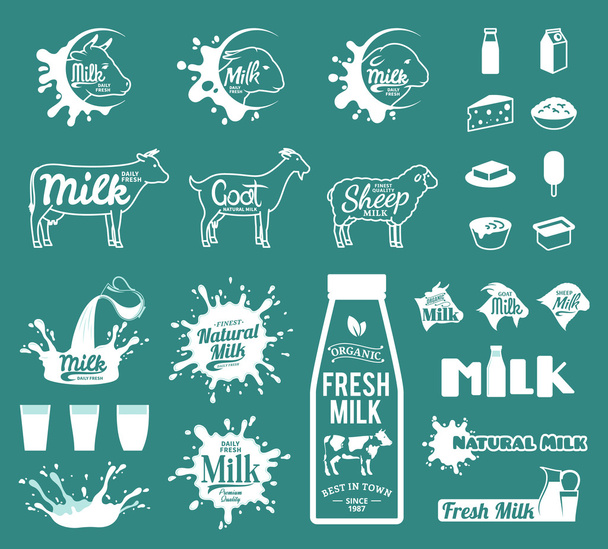 Γάλα λογότυπο. Γάλα, γιαούρτι ή κρέμα πιτσιλιές. Γάλα εικονίδια και σχεδιασμός - Διάνυσμα, εικόνα