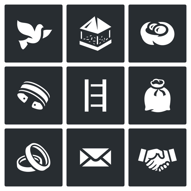 Vector Set of Dovecote Icons. Pigeon feeders, nest ring, shackles, stairs, sack, wedding, postal, friendship. - Vektori, kuva