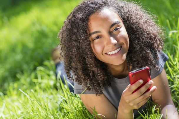 Mixed Race African American Girl Teenager on Cell Phone - Photo, Image