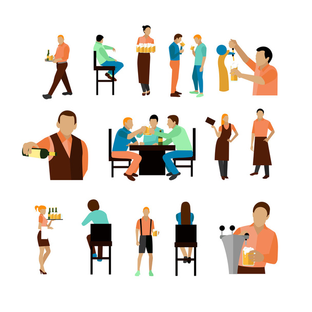 Vector set of beer bar workers and visitor isolated on white background. Restaurant icons, design elements. - Vector, Image