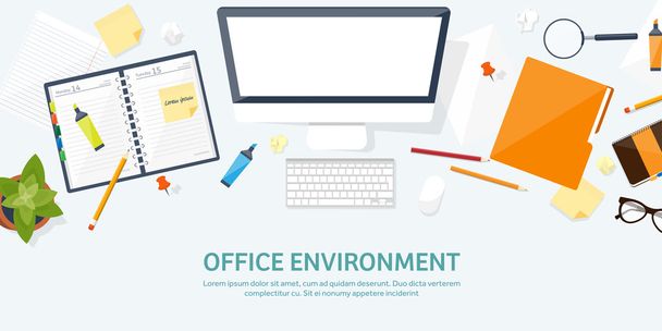 Workplace with table and computer. Computer,documents,papers,notepad,pencil. Paperwork. Office work,job. Workspace management. Creative design. - Vector, Image
