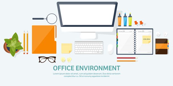 Workplace with table and computer. Computer,documents,papers,notepad,pencil. Paperwork. Office work,job. Workspace management. Creative design. - Vector, Image