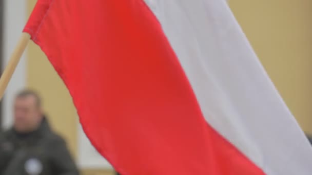Poolse vlag zwaaien Man kijken zijn horloge democratie Comité de Rally activisten Polen Opole lopen houden een rode en witte vlaggen - Video