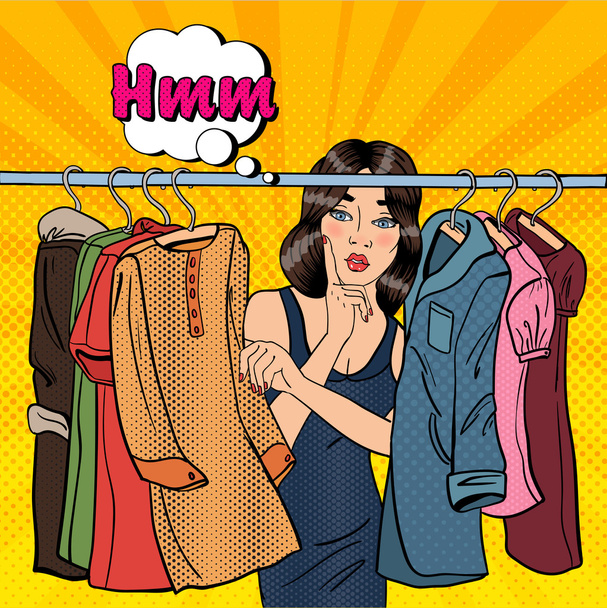 Femme Choisir des vêtements dans sa garde-robe
 - Vecteur, image