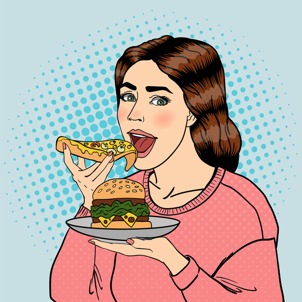 Hladoví žena jíst nezdravé jídlo. Pop-Art. Vektorové ilustrace - Vektor, obrázek