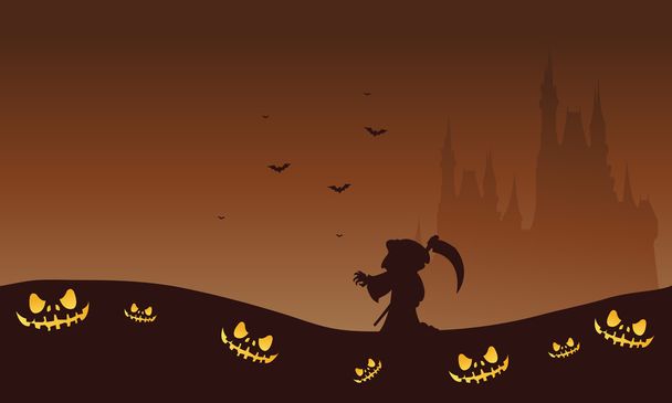 Halloween hátterek barna warlock és a vár sziluettje - Vektor, kép