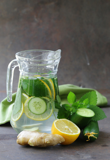 detox drink with fresh cucumber, lemon and ginger, healthy eating and diet - Photo, Image