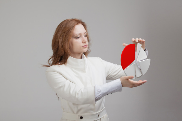 Woman shows a pie chart, circle diagram. Business analytics concept. - Photo, image