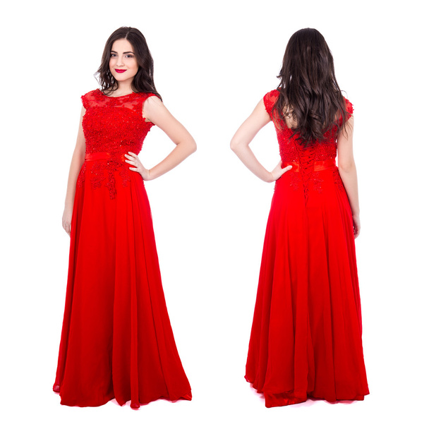 voor- en achterkant uitzicht op jonge mooie vrouw in rode jurk isolat - Foto, afbeelding