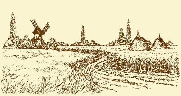 Vector landscape. Road to old windmill - Vector, Image