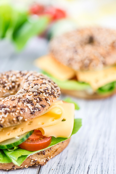 Breakfast Bagel with cheese; selective focus - Photo, Image