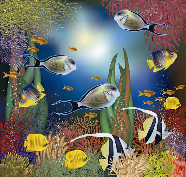 Underwater wallpaper with tropical fish, vector illustration - Wektor, obraz