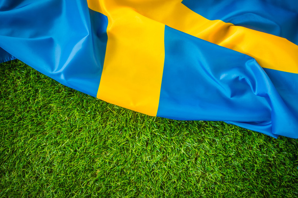 Flags of Sweden on green grass . - Fotoğraf, Görsel