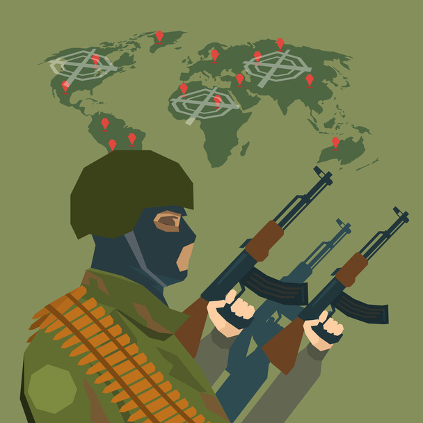 Gewapende terroristische Over wereld kaart terrorisme Concept - Vector, afbeelding