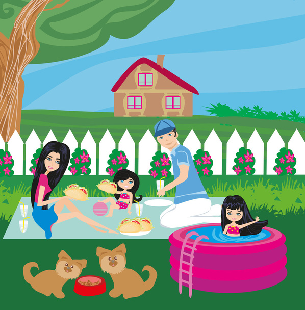 Rodzina z grillem w ogrodzie  - Wektor, obraz