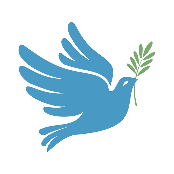 Silhouette of a flying dove with olive branch. White pigeon - Vector, Image
