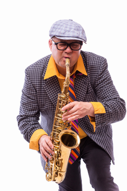 Artista cantante showman masculino con instrumentos de música en blanco
 - Foto, Imagen