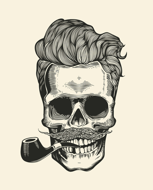 Skull. Hipster with mustache, beard, tobacco pipes and sunglasses. Sticker that represents skull character. Vector illustration in vintage engraving style. Perfect for t-shirt print. - Διάνυσμα, εικόνα